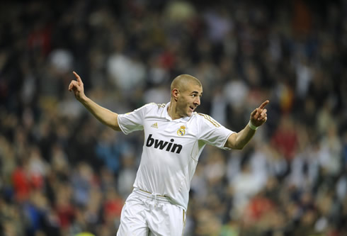 Karim Benzema celebrating a goal for Real Madrid, in La Liga 2012