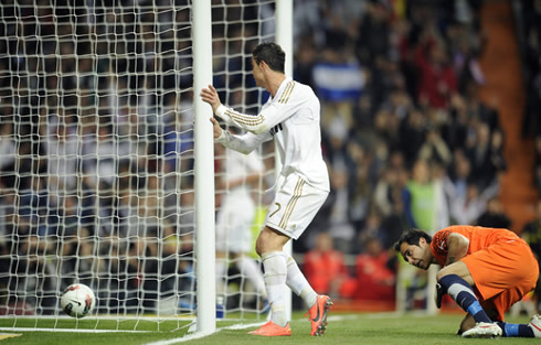 Cristiano Ronaldo bumping into the post after scoring his 101th goal for Real Madrid in La Liga
