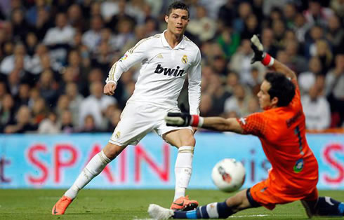 Cristiano Ronaldo scoring his 100th goal for Real Madrid in La Liga, in March 2012