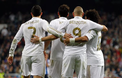 Cristiano Ronaldo, Kaká, Benzema and Marcelo hugging each other in Real Madrid 2012