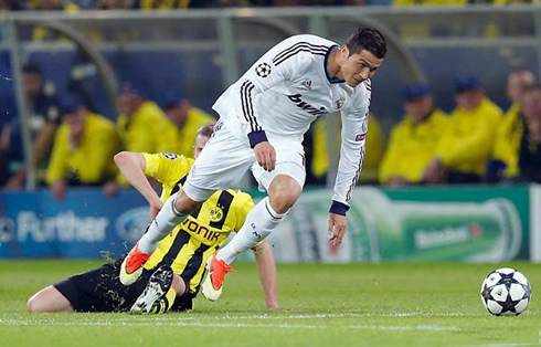 Cristiano Ronaldo being fouled in Borussia Dortmund vs Real Madrid, for the Champions League semi-finals first leg, in 2013