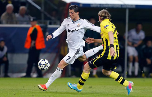 Cristiano Ronaldo about to strike the ball, in Borussia Dortmund 4-1 Real Madrid, for the Champions League semi-final first leg, in 2013