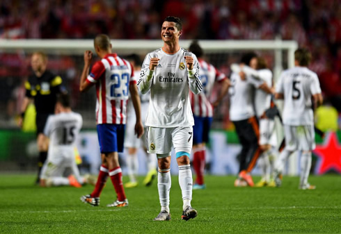 Cristiano Ronaldo with his two fists closed, celebrating La Decima for Real Madrid