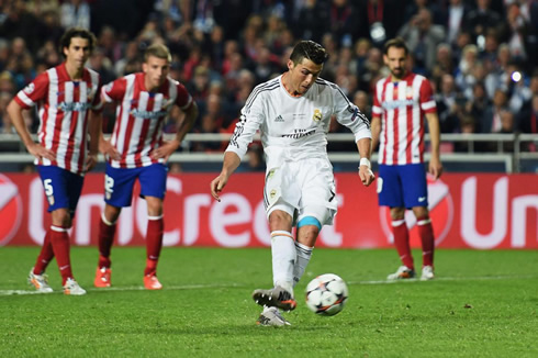 Cristiano Ronaldo scoring a penalty-kick in the Champions League final 2014 against Atletico Madrid