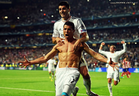 Cristiano Ronaldo takes off his shirt to celebrate Real Madrid 4-1 win over Atletico Madrid, in the UEFA Champions League final in 2014