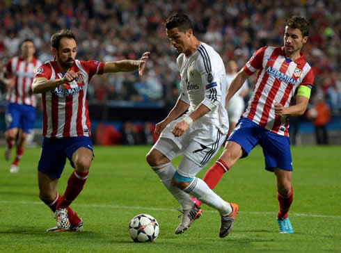 Cristiano Ronaldo getting fouled inside Atletico Madrid's box, in the Champions League final of 2014
