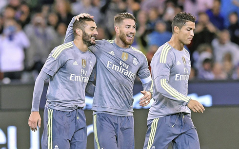 Karim Benzema, Sergio Ramos and Cristiano Ronaldo, wearing Real Madrid's new 2015-2016 uniforms