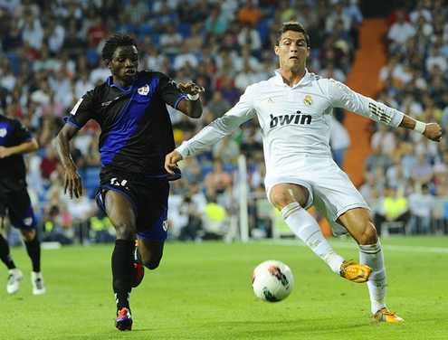 Cristiano Ronaldo trying to reach the ball in La Liga Real Madrid vs Rayo Vallecano 2011-2012