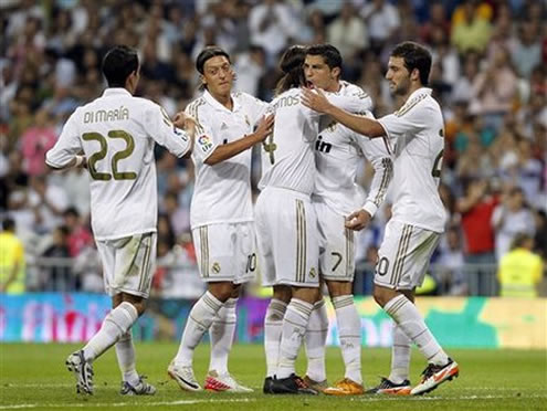 Cristiano Ronaldo celebrating with his teammates on of his 3 goals against Rayo Vallecano in La Liga 2011-2012