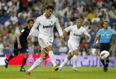 Cristiano Ronaldo scoring his 2nd penalty kick against Rayo Vallecano, in Real Madrid game from the Spanish League in 2011-12