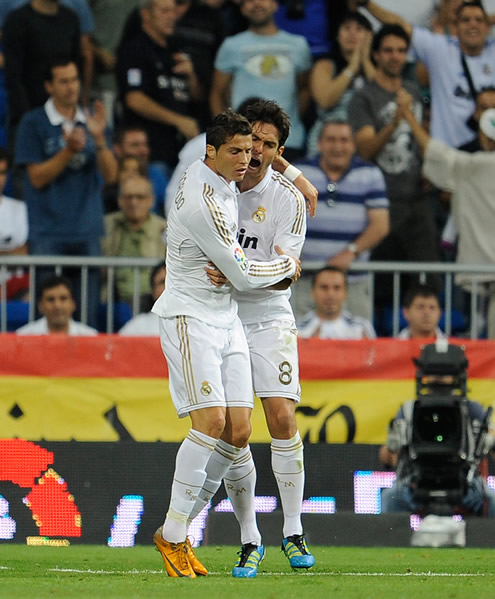 Cristiano Ronaldo and Kaká hugging each other, after a goal from CR7 in La Liga 2011/12