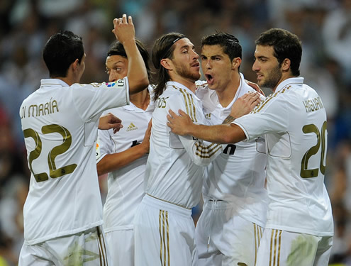 Cristiano Ronaldo and his teammates, Sergio Ramos, Gonzalo Higuaín, Ozil and Angel Di María in 2011