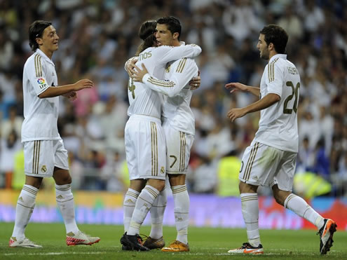 Cristiano Ronaldo hugged Sergio Ramos after scoring another hat-trick for Real Madrid against Rayo Vallecano in 2011-2012