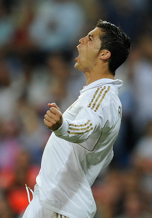 Cristiano Ronaldo with his mouth wide open, celebrating another of his goals in La Liga Real Madrid vs Rayo Vallecano 2011-2012