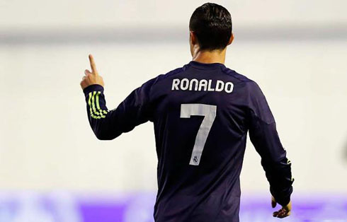Cristiano Ronaldo raising his finger to the linesman and telling him he's wrong, in a Real Madrid game in 2012-2013