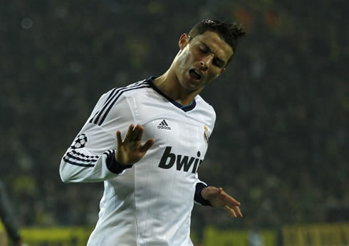 Cristiano Ronaldo doing the 'calma, calma', slowdown tradermark celebration in Borussia Dortmund vs Real Madrid, in 2012-2013 for UEFA Champions League