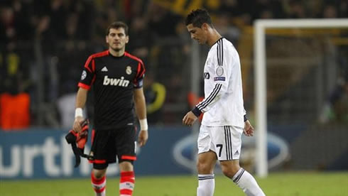 Cristiano Ronaldo and Iker Casillas sad and upset, with their heads down in 2012-2013
