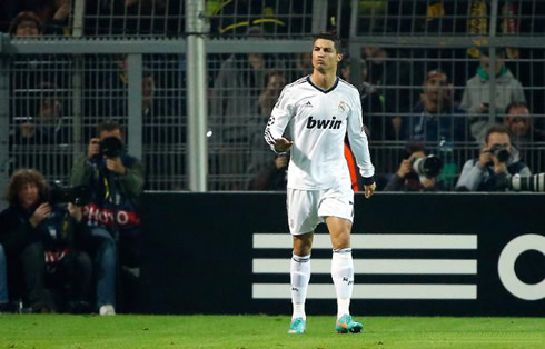 Cristiano Ronaldo telling the Borussia Dortmund fans to calm down, just after he scored the equalizer for Real Madrid, in the UEFA Champions League 2012-2013