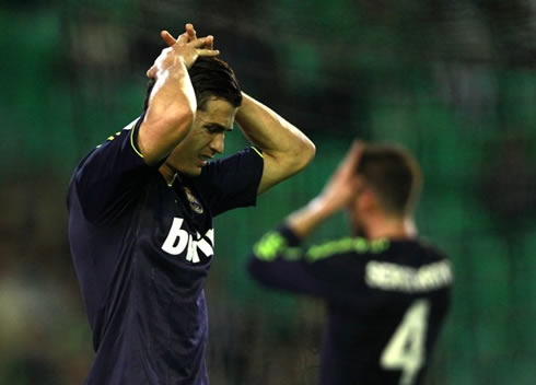 Cristiano Ronaldo despair and frustrations, putting his hands on his head, in Betis 1-0 Real Madrid for La Liga 2012-2013