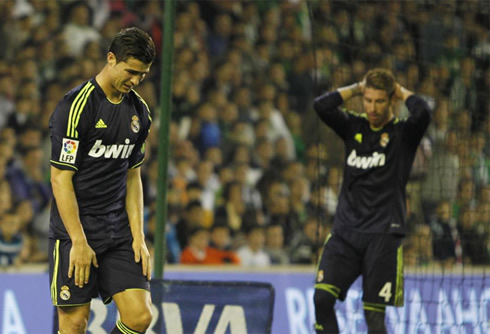 Cristiano Ronaldo and Sergio Ramos react to a Real Madrid missed goalscoring chance, in La Liga 2012-2013