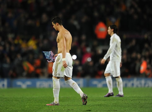 Cristiano Ronaldo shirtless and with a Barcelona jersey on his had, after the Clasico between Real Madrid and Barcelona for the Copa del Rey, in 2012