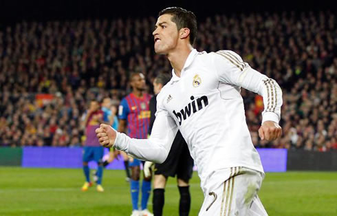 Cristiano Ronaldo celebrating his goal at the Camp Nou, in Barcelona 2-2 Real Madrid, in the Copa del Rey 2012