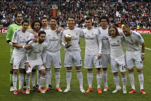 Cristiano Ronaldo taking a photo with his teammates and the FIFA Ballon d'Or trophy