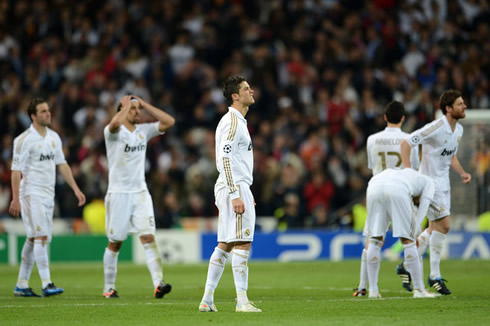 Real Madrid players and Cristiano Ronaldo disappointment after the end of the match between Real Madrid and Bayern Munich, in 2012