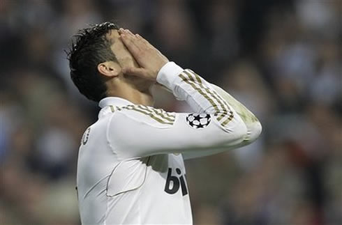 Cristiano Ronaldo puts his hands covering his face after failing a penalty-kick for Real Madrid in 2012