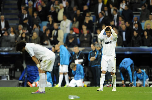 Cristiano Ronaldo, Marcelo and Real Madrid staff and players reactions on the bench, completely disappointed and frustrated with the result against Bayern Munich, in the UCL 2012