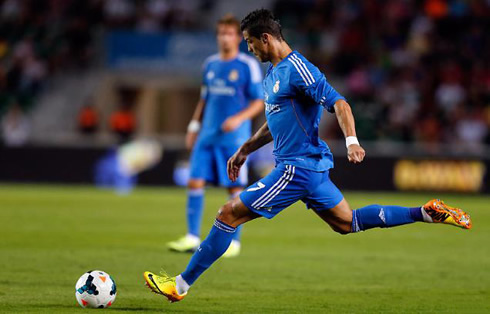 Cristiano Ronaldo stepping towards the ball for a free-kick shot, in Elche vs Real Madrid