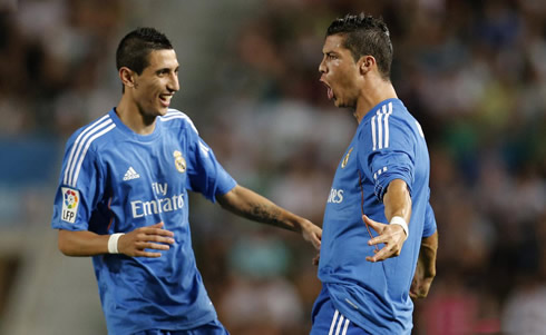 Cristiano Ronaldo and Angel di María celebrate Real Madrid goal and victory over Elche, in the Spanish League 6th fixture