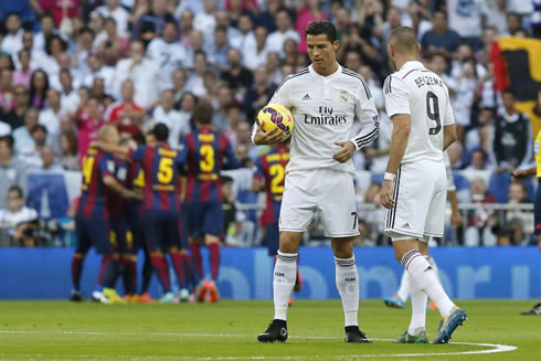 Cristiano Ronaldo rushing to get the game resumed after Barcelona's early goal