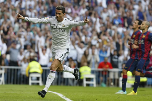 Cristiano Ronaldo after scoring Real Madrid's goal against Barcelona at the Santiago Bernabéu