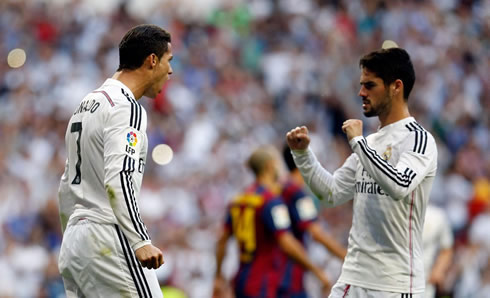 Cristiano Ronaldo and Isco celebrating Real Madrid's win over Barcelona, in La Liga Clasico