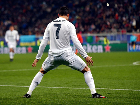 Cristiano Ronaldo trademark goal celebration in the UEFA Champions League in 2015-2016
