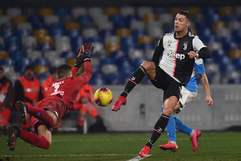 Cristiano Ronaldo scores for Juventus in their game gainst Napoli, in Naples
