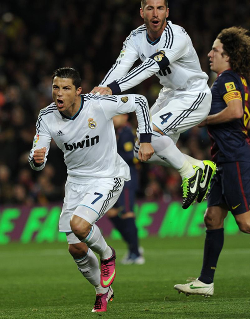 Cristiano Ronaldo and Sergio Ramos celebrate Real Madrid goal against Barcelona like crazy, in the semi-finals Clasico for the Copa del Rey at the Camp Nou, in 2013