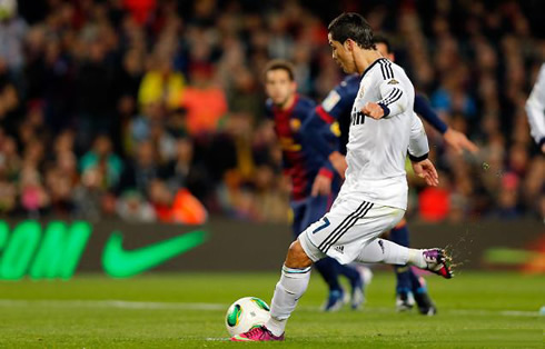 Cristiano Ronaldo taking his penalty-kick in Barcelona 1-3 Real Madrid, for the Copa del Rey 2nd leg semi-finals game, in 2013