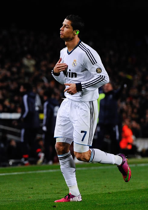 Cristiano Ronaldo being victim of green lasers at the Camp Nou, during his goal celebrations for Real Madrid, in a 1-3 win against Barcelona in 2013