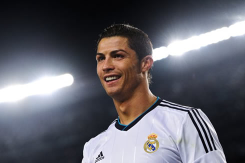 Cristiano Ronaldo smiling at the Camp Nou, before the kickoff between Barça and Real Madrid, for the Copa del Rey second leg, in 2013