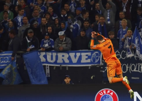 Cristiano Ronaldo trademark celebration jump, in Real Madrid 6-1 win over Schalke, in the Champions League