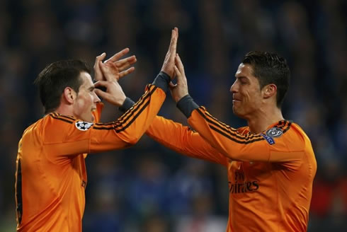 Cristiano Ronaldo congratulating Gareth Bale for his goal in the Champions League