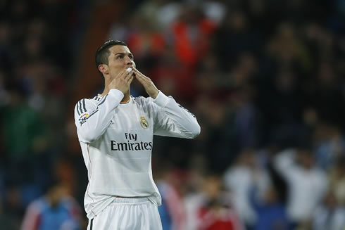 Cristiano Ronaldo blowing kisses to the fans in the stands at the Santiago Bernabéu
