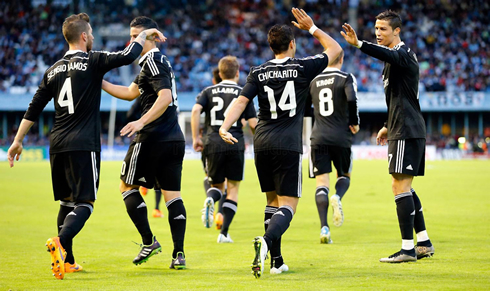 Cristiano Ronaldo congratulating Chicharito for another goal scored with a Real Madrid jersey