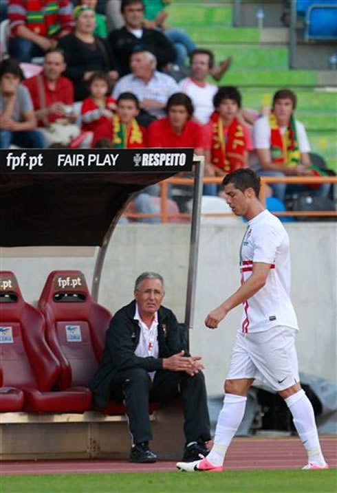 Cristiano Ronaldo walking to the bench after he got replaced during the match between Portugal and Macedonia, in 2012