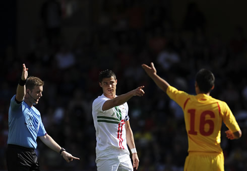 Cristiano Ronaldo pointing at someone during the friendly game between Portugal and Macedonia, in 2012
