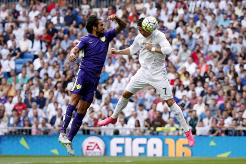 Cristiano Ronaldo heading the ball in Real Madrid 0-0 Malaga