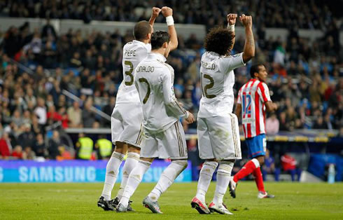 Pepe, Cristiano Ronaldo and Marcelo doing a new goal celebration all-together, against Atletico Madrid