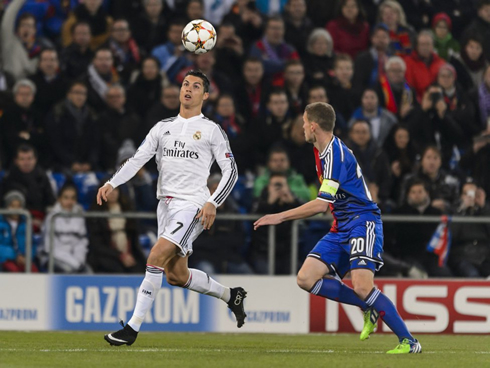 Cristiano Ronaldo trying to control a bouncing ball, in Basel vs Real Madrid for the UCL 2014-15